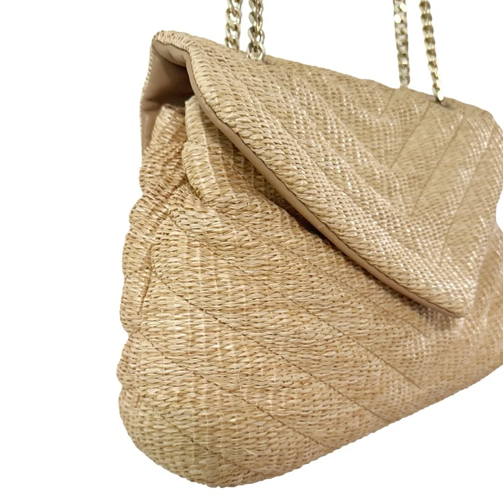 Straw Raffia Cream Tan Chevron Flap Shoulder Crossbody Bag - Picture 2 of 9